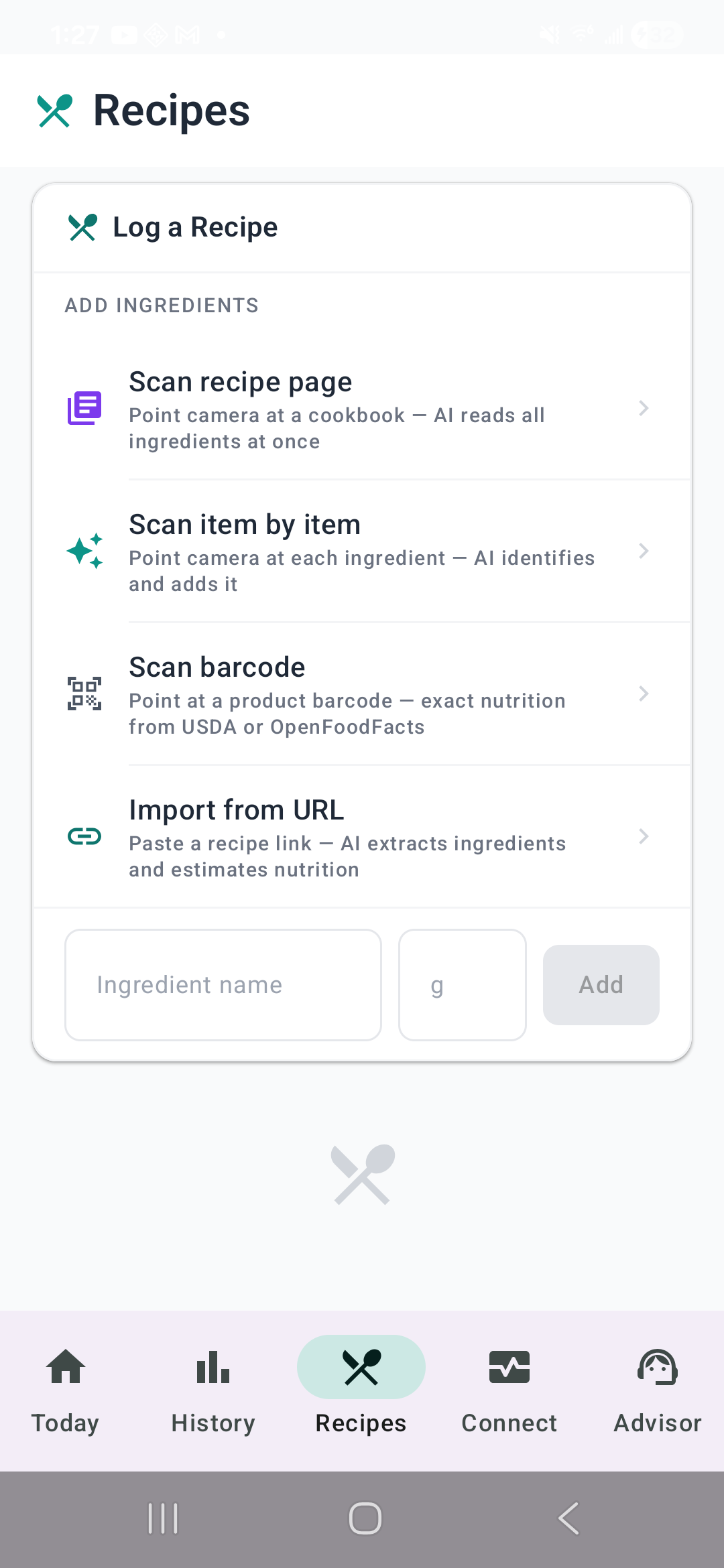 The NutriOct Recipes screen offering scan-page, scan-item, barcode, and import-from-URL options