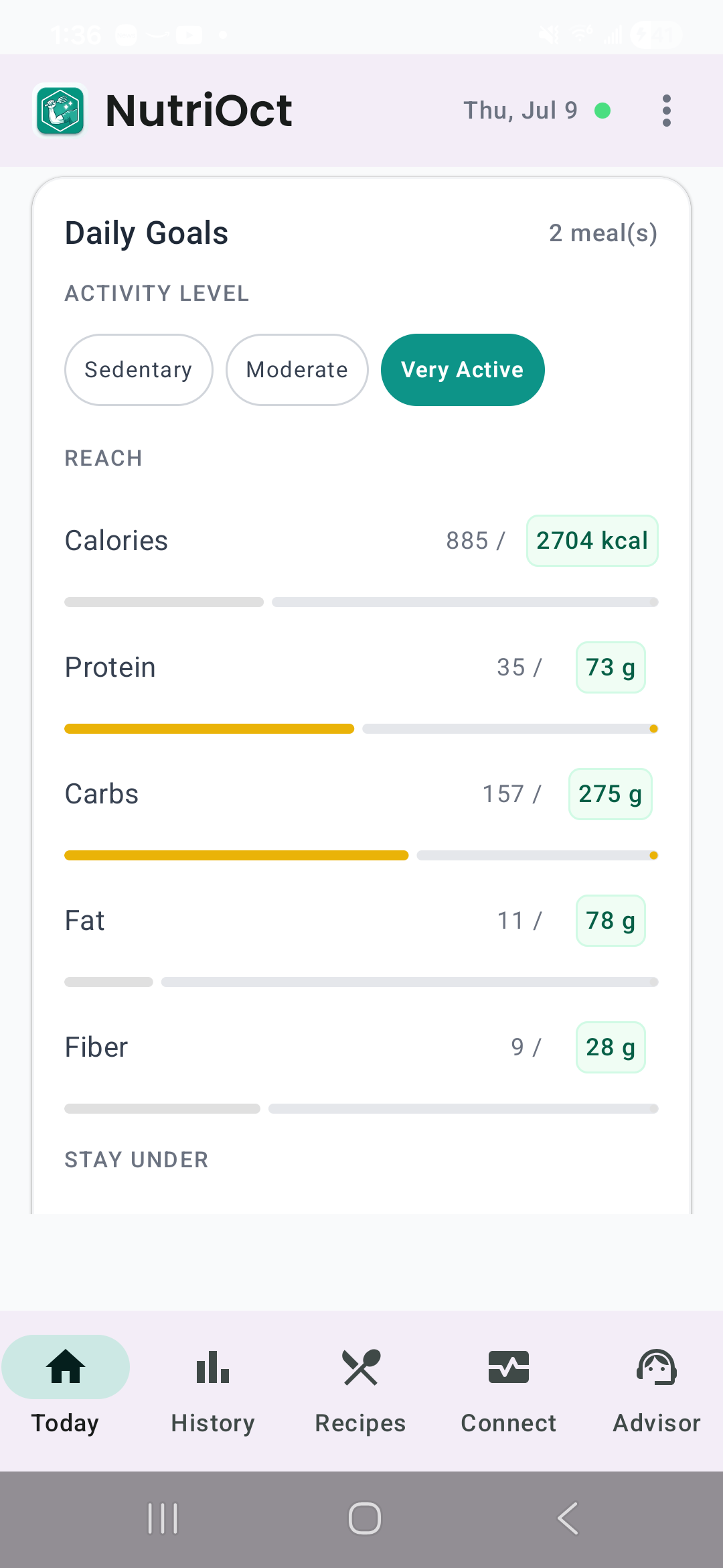 The NutriOct Today screen showing Smart Snap and Scan Barcode meal-logging options above a nutrition radar chart