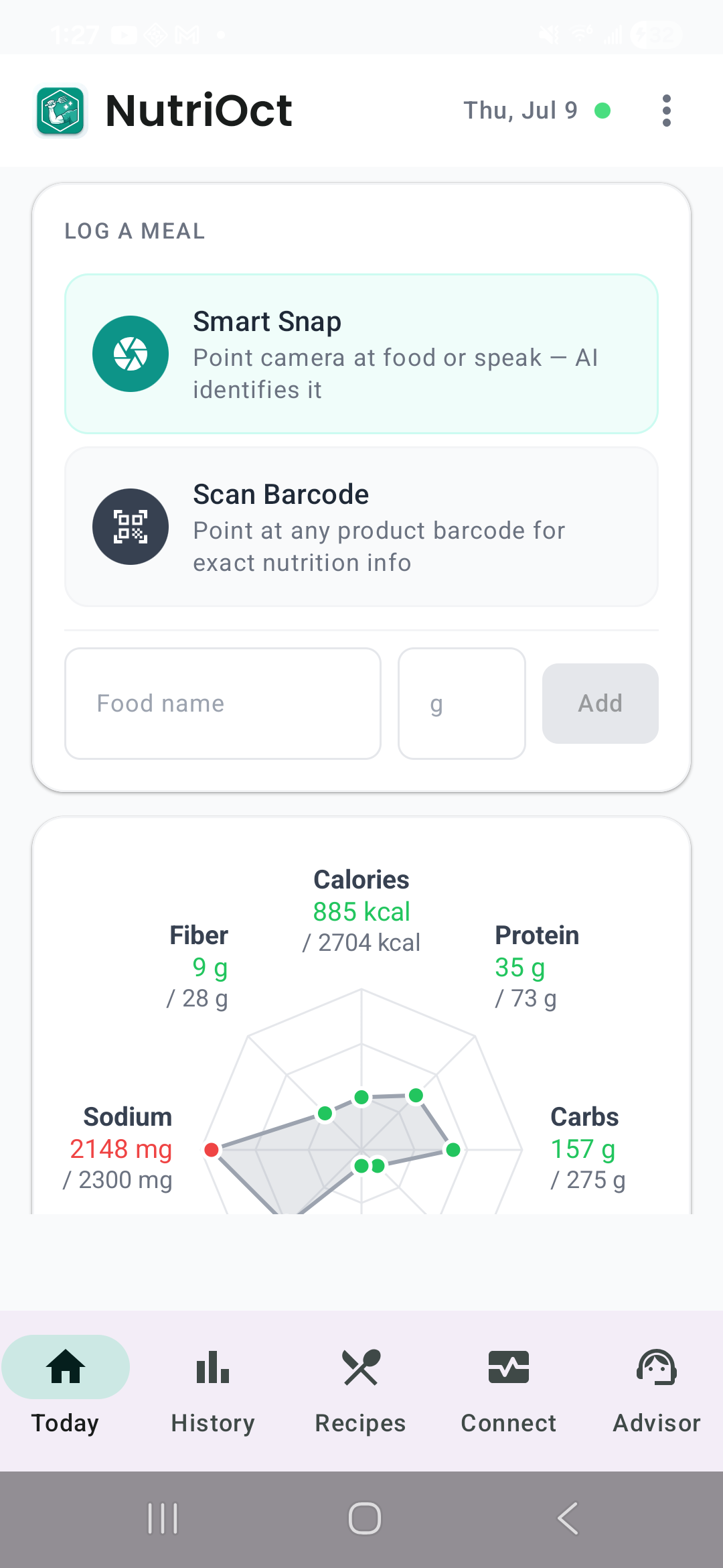 NutriOct's radar chart previewing a food's projected nutritional impact before it is logged